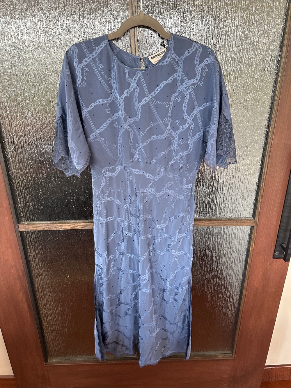 Zadig & Voltaire Rey Silk Mid-Length Dress Slate Blue Printed Sz Medium - Picture 7 of 13